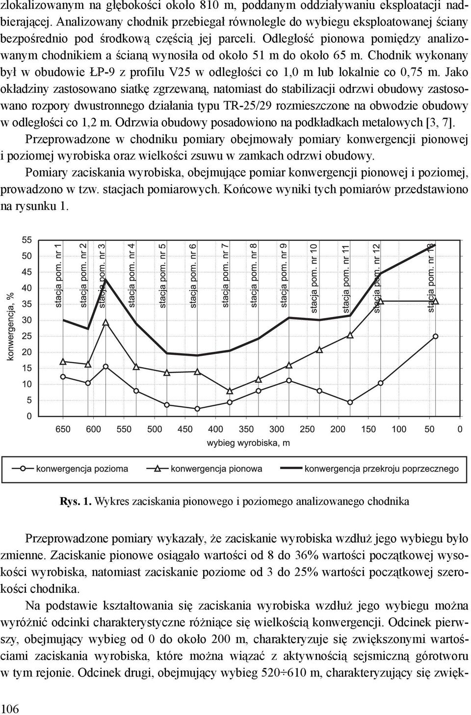 Odległość pionowa pomiędzy analizowanym chodnikiem a ścianą wynosiła od około 51 m do około 65 m. Chodnik wykonany był w obudowie ŁP-9 z profilu V25 w odległości co 1,0 m lub lokalnie co 0,75 m.