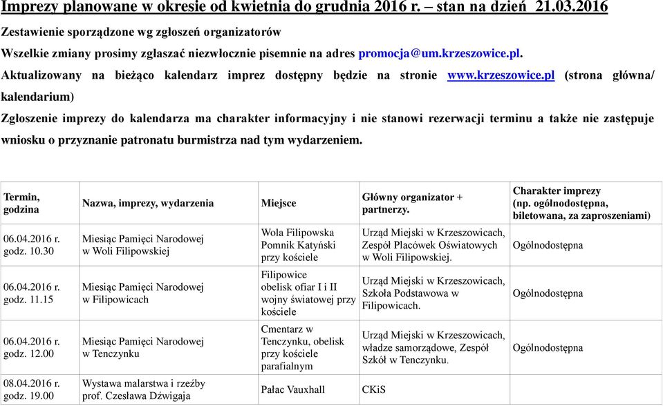 Aktualizowany na bieżąco kalendarz imprez dostępny będzie na stronie www.krzeszowice.