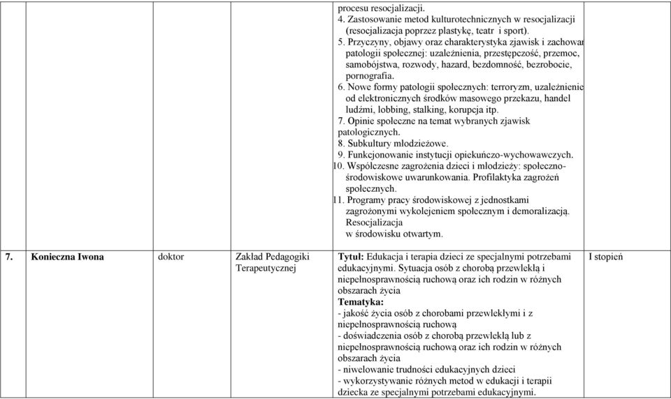 Nowe formy patologii społecznych: terroryzm, uzależnienie od elektronicznych środków masowego przekazu, handel ludźmi, lobbing, stalking, korupcja itp. 7.