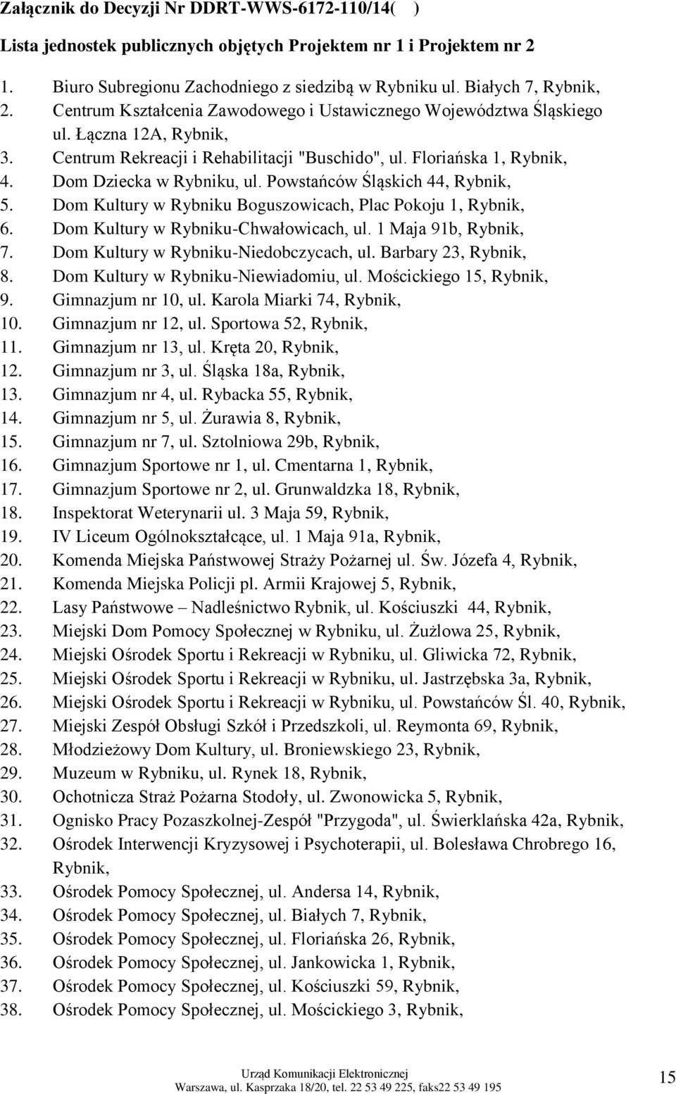 Powstańców Śląskich 44, Rybnik, 5. Dom Kultury w Rybniku Boguszowicach, Plac Pokoju 1, Rybnik, 6. Dom Kultury w Rybniku-Chwałowicach, ul. 1 Maja 91b, Rybnik, 7.