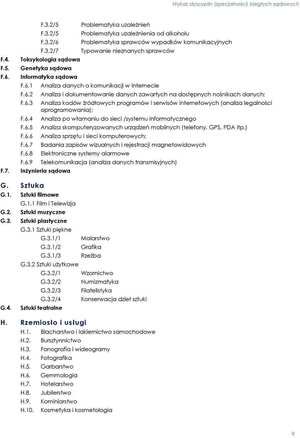 F.3.2/7 Toksykologia sądowa Genetyka sądowa Informatyka sądowa F.6.