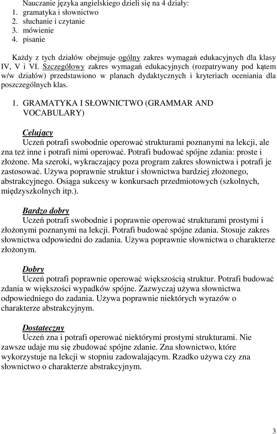 Szczegółowy zakres wymagań edukacyjnych (rozpatrywany pod kątem w/w działów) przedstawiono w planach dydaktycznych i kryteriach oceniania dla poszczególnych klas. 1.