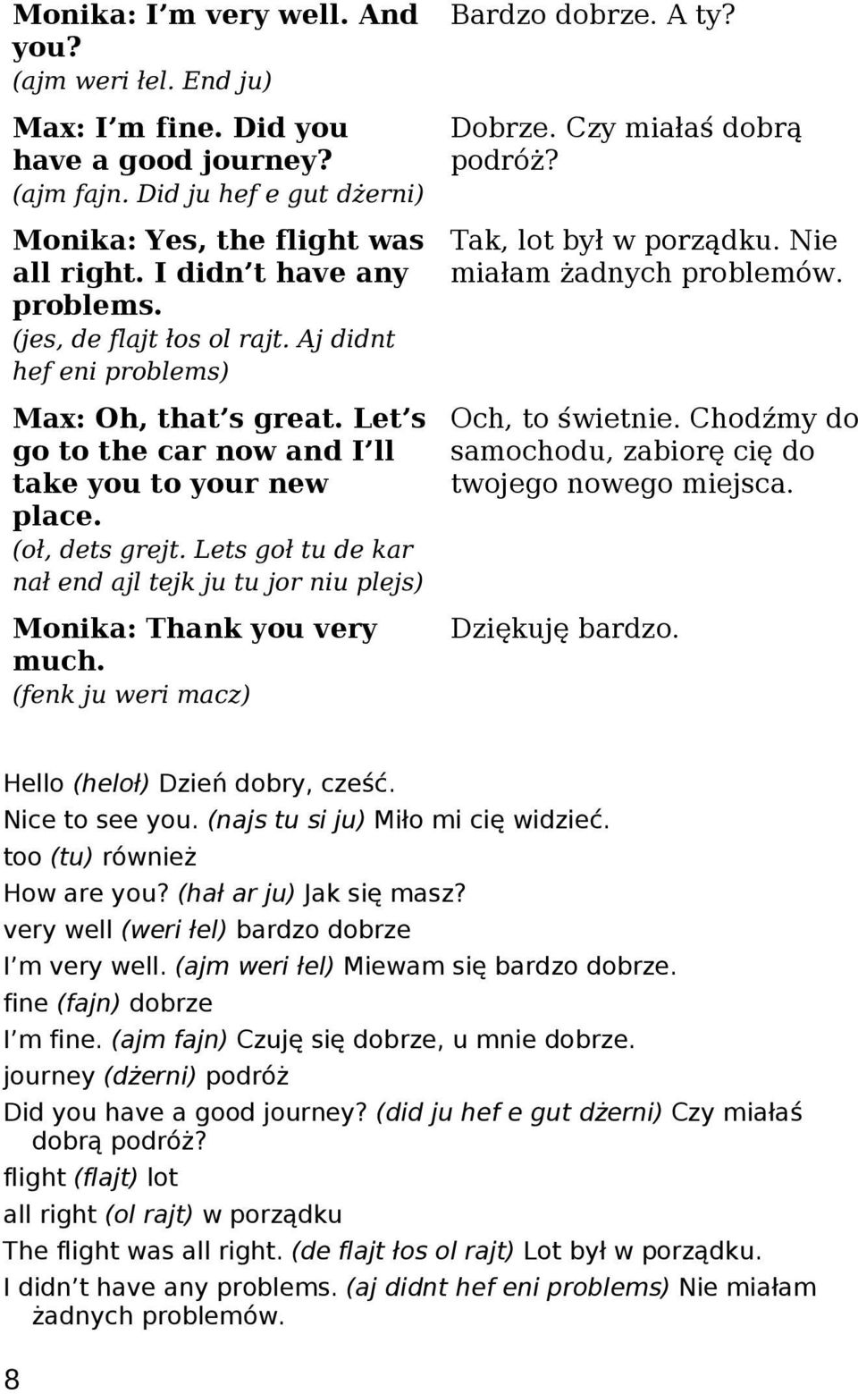 Lets goł tu de kar nał end ajl tejk ju tu jor niu plejs) Monika: Thank you very much. (fenk ju weri macz) Bardzo dobrze. A ty? Dobrze. Czy miałaś dobrą podróż? Tak, lot był w porządku.