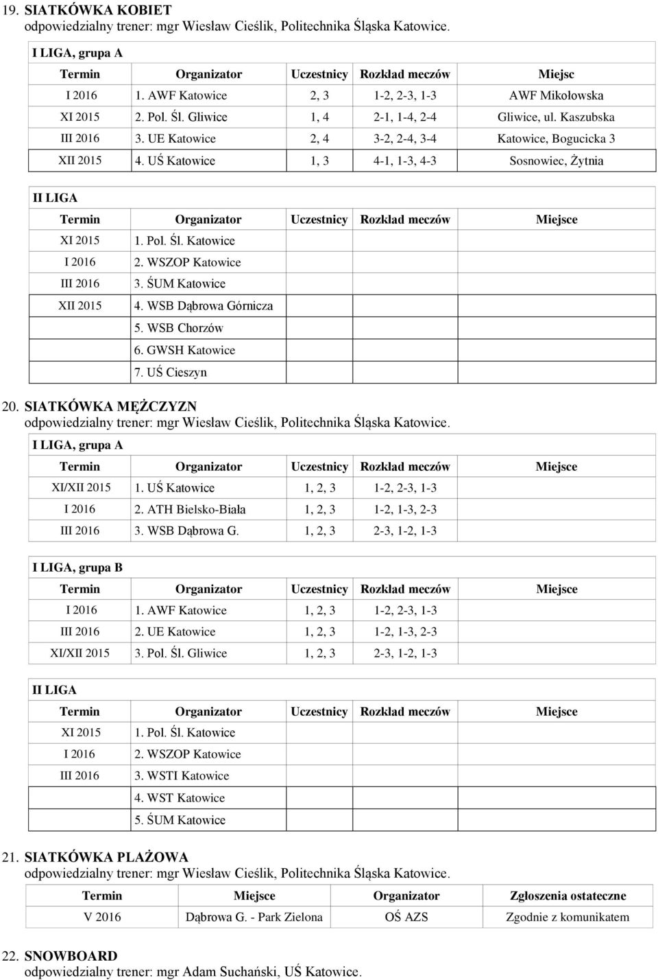 UŚ Katowice 1, 3 4-1, 1-3, 4-3 Sosnowiec, Żytnia II LIGA XI 2015 I 2016 III 2016 XII 2015 1. Pol. Śl. Katowice 2. WSZOP Katowice 3. ŚUM Katowice 4. WSB Dąbrowa Górnicza 5. WSB Chorzów 6.