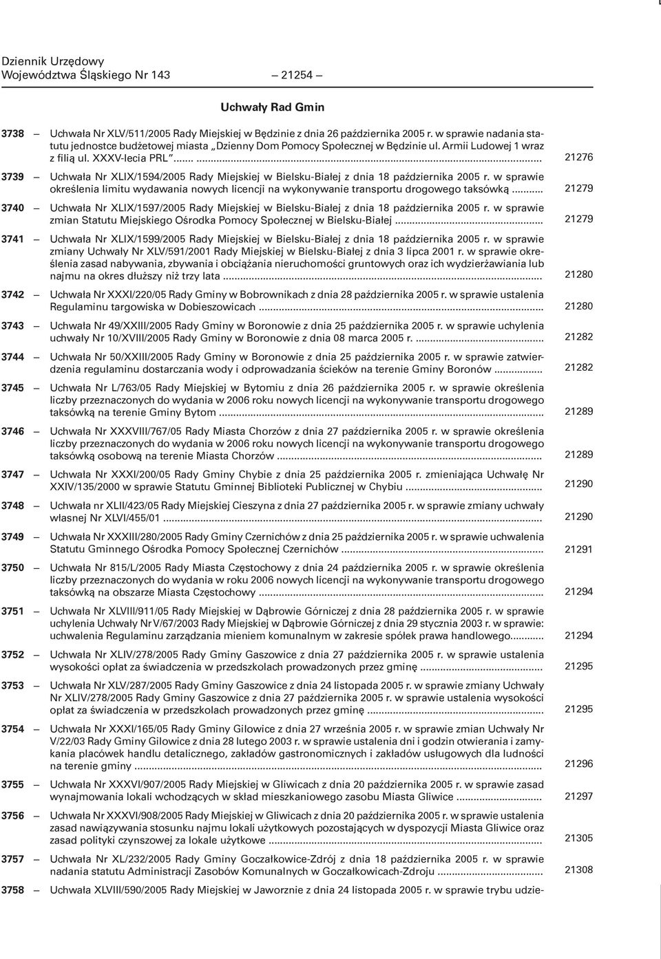 ..... 3739 Uchwała Nr XLIX/1594/2005 Rady Miejskiej w Bielsku-Białej z dnia 18 października 2005 r. w sprawie określenia limitu wydawania nowych licencji na wykonywanie transportu drogowego taksówką.