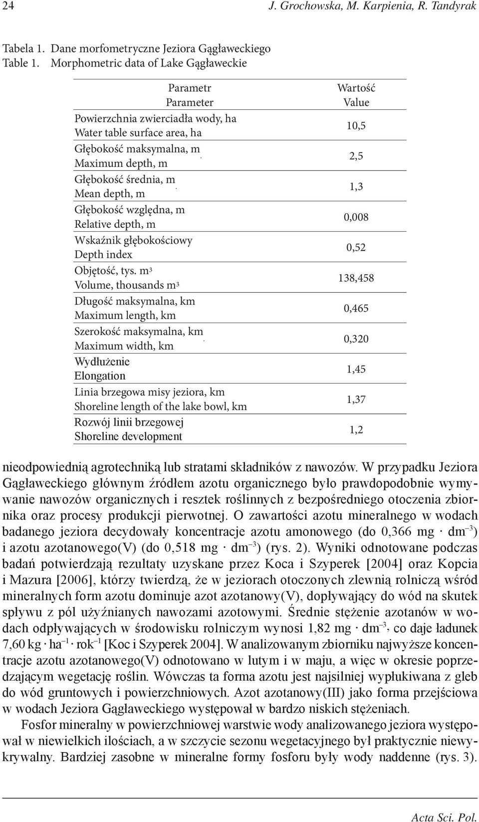 Maximum depth, m Wartość Value 10,5 2,5 Głębokość średnia, m. Mean depth, m 1,3 Głębokość względna, m Relative depth, m 0,008 Wskaźnik głębokościowy Depth index 0,52 Objętość, tys.