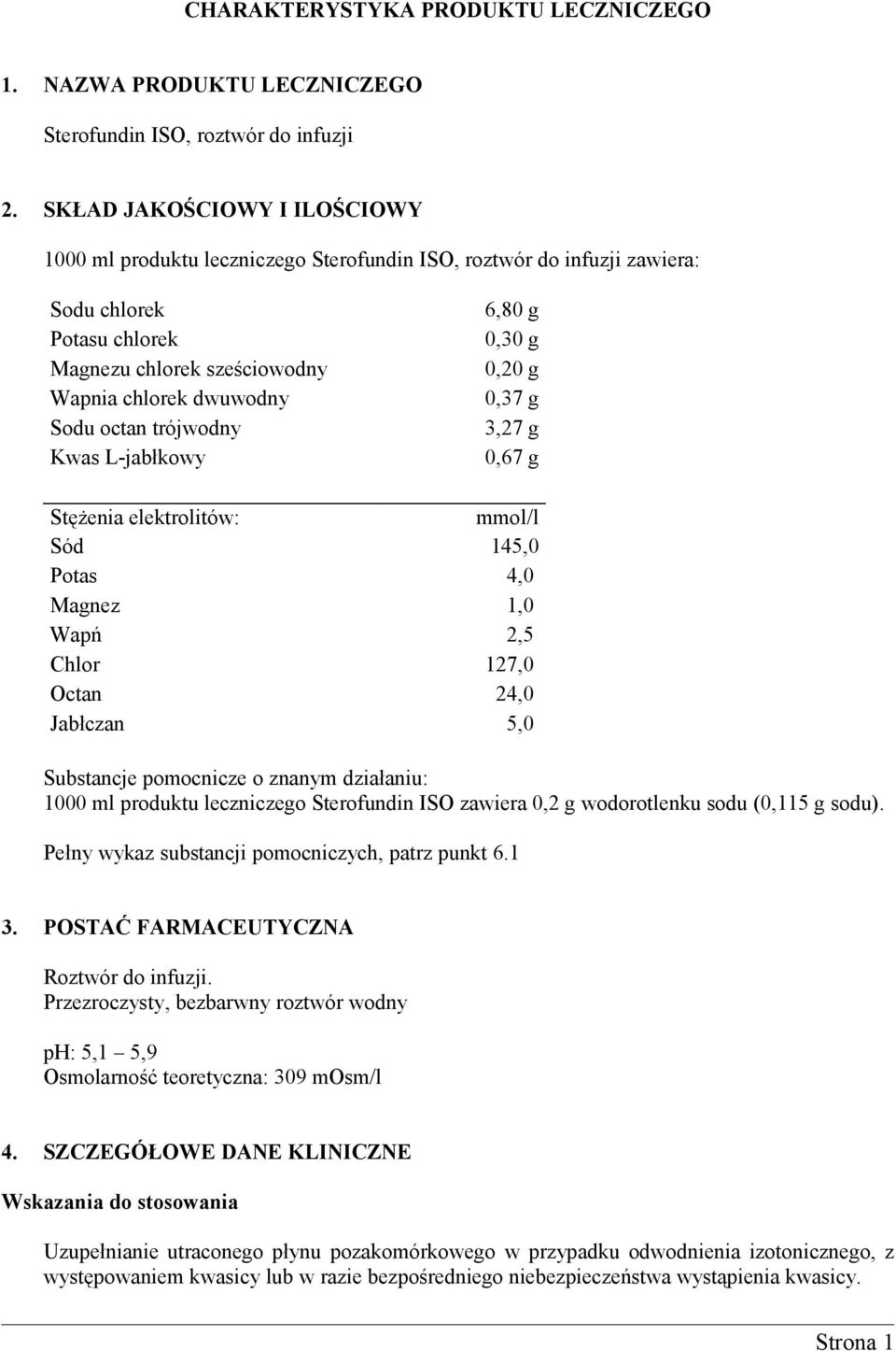 trójwodny Kwas L-jabłkowy 6,80 g 0,30 g 0,20 g 0,37 g 3,27 g 0,67 g Stężenia elektrolitów: mmol/l Sód 145,0 Potas 4,0 Magnez 1,0 Wapń 2,5 Chlor 127,0 Octan 24,0 Jabłczan 5,0 Substancje pomocnicze o