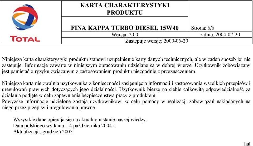 Niniejsza karta nie zwalnia użytkownika z konieczności zasięgnięcia informacji i zastosowania wszelkich przepisów i uregulowań prawnych dotyczących jego działalności.