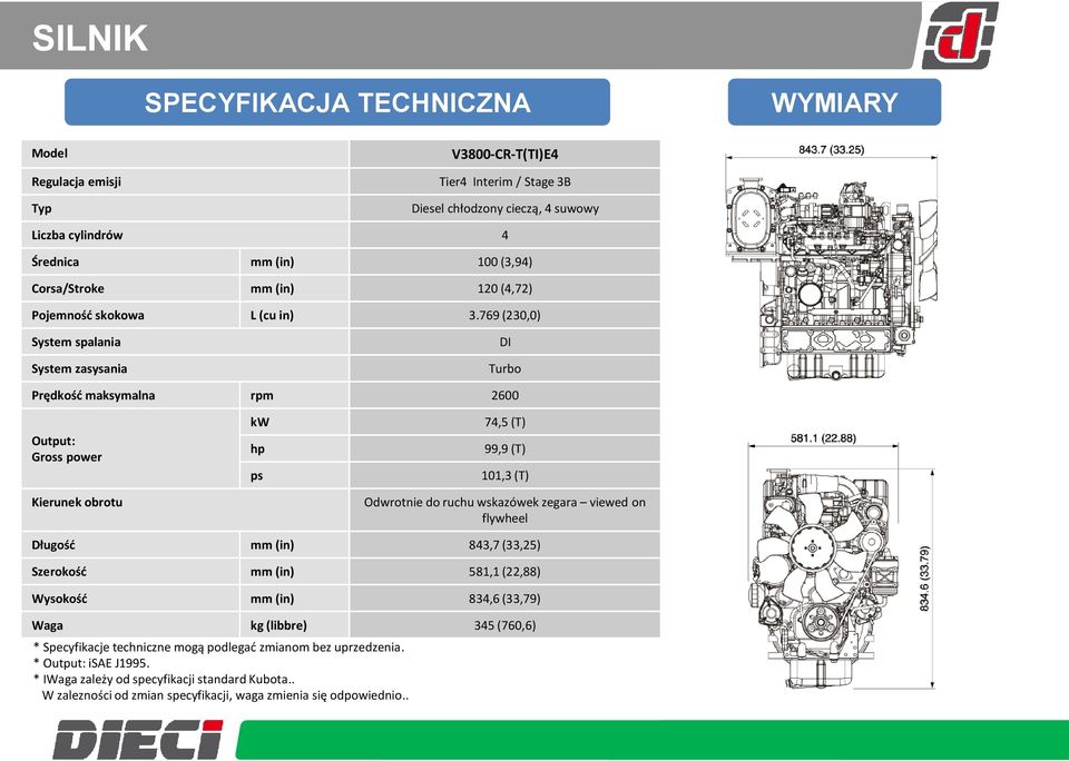 769 (230,0) System spalania System zasysania DI Turbo Prędkość maksymalna rpm 2600 Output: Gross power Kierunek obrotu kw hp ps 74,5 (T) 99,9 (T) 101,3 (T) Odwrotnie do ruchu wskazówek zegara