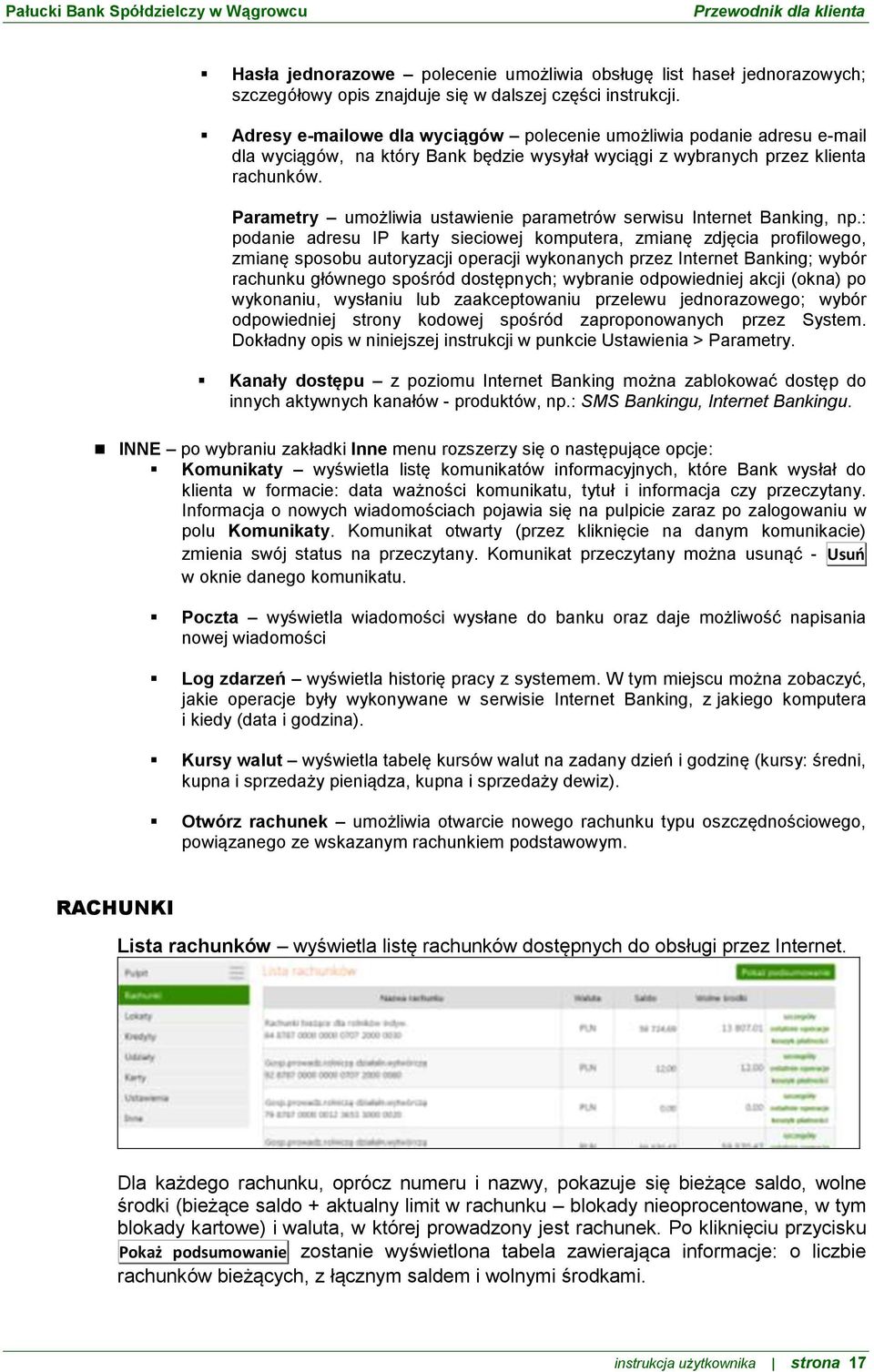 Parametry umożliwia ustawienie parametrów serwisu Internet Banking, np.