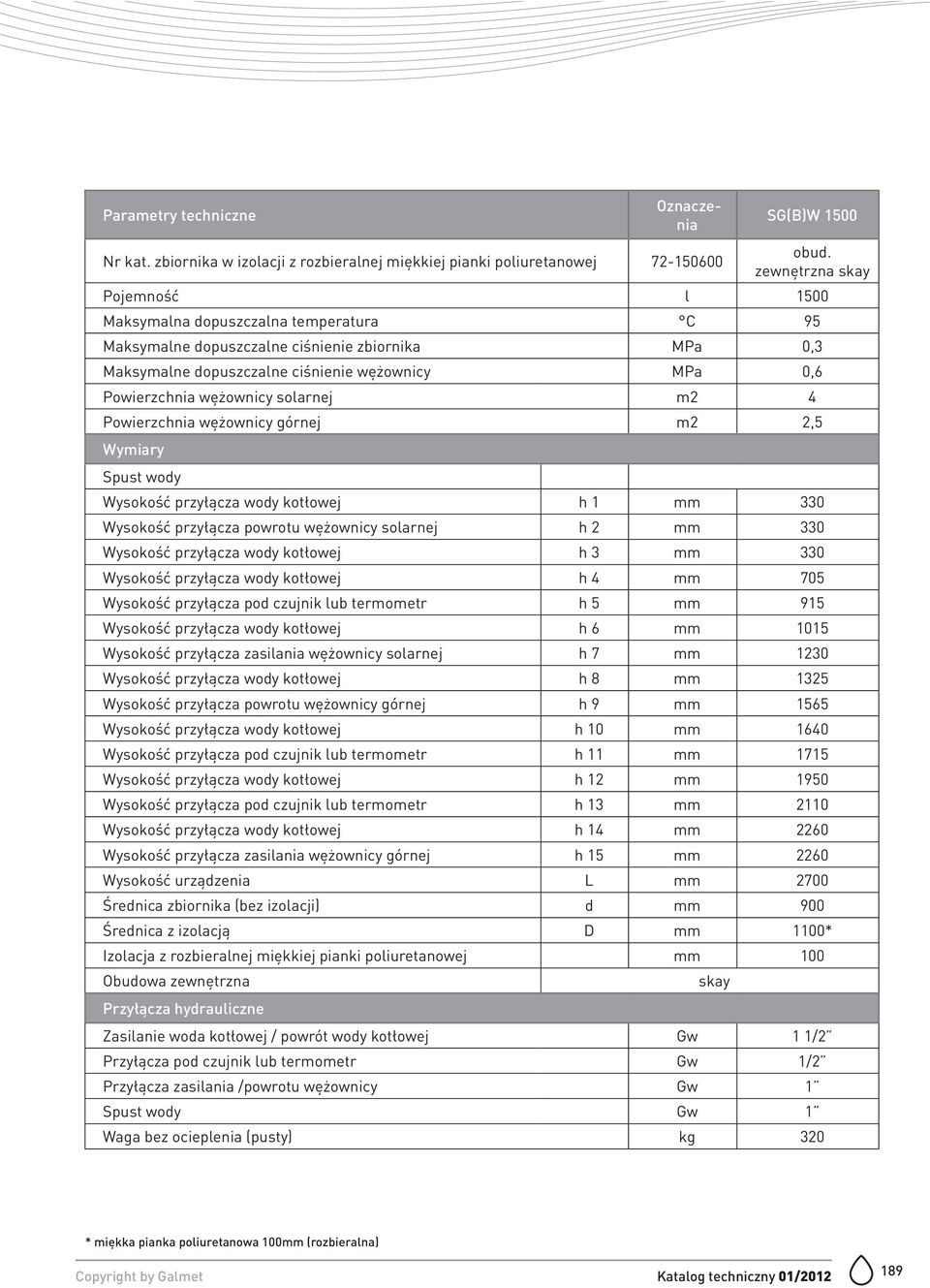 solarnej m2 4 Powierzchnia wężownicy górnej m2 2,5 Wymiary Spust wody Wysokość przyłącza wody kotłowej h 1 mm 330 Wysokość przyłącza powrotu wężownicy solarnej h 2 mm 330 Wysokość przyłącza wody