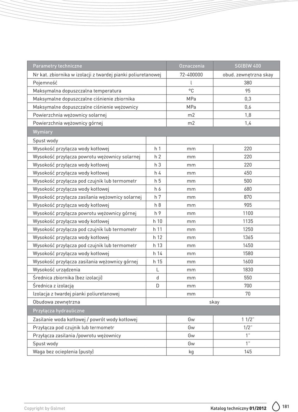 solarnej m2 1,8 Powierzchnia wężownicy górnej m2 1,4 Wymiary Spust wody Wysokość przyłącza wody kotłowej h 1 mm 220 Wysokość przyłącza powrotu wężownicy solarnej h 2 mm 220 Wysokość przyłącza wody