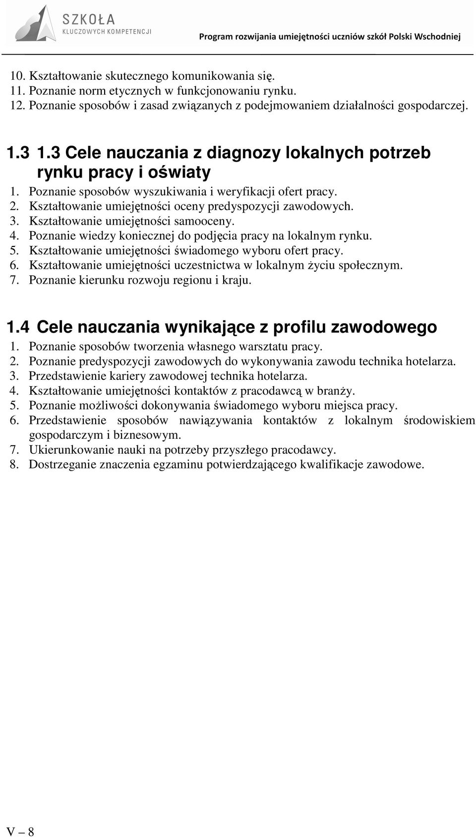 Kształtowanie umiejętności samooceny. 4. Poznanie wiedzy koniecznej do podjęcia pracy na lokalnym rynku. 5. Kształtowanie umiejętności świadomego wyboru ofert pracy. 6.