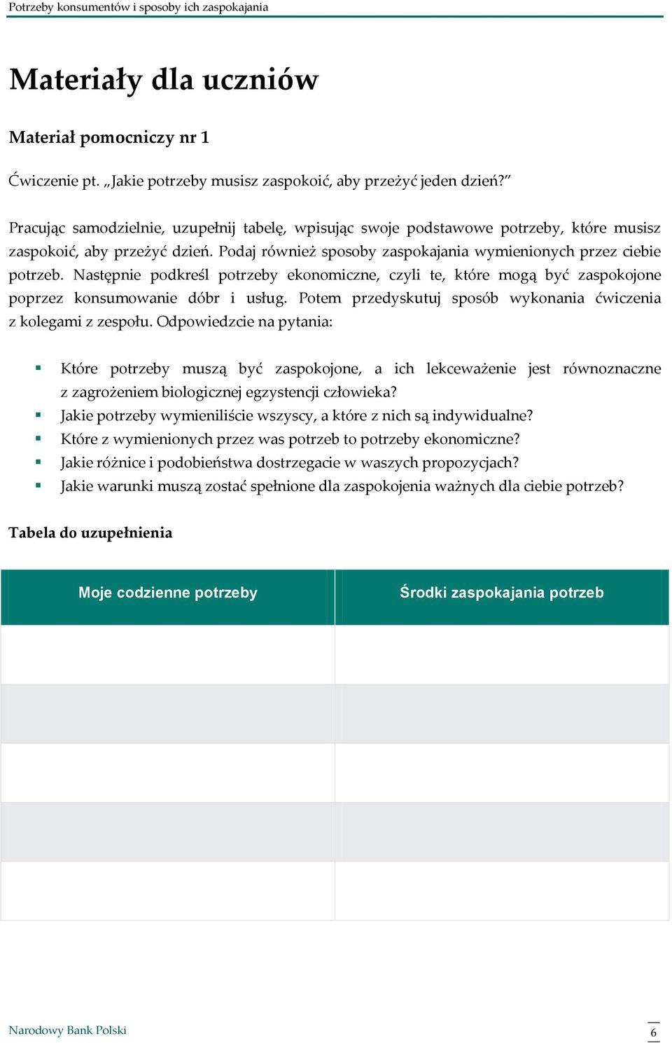 Następnie podkreśl potrzeby ekonomiczne, czyli te, które mogą być zaspokojone poprzez konsumowanie dóbr i usług. Potem przedyskutuj sposób wykonania ćwiczenia z kolegami z zespołu.