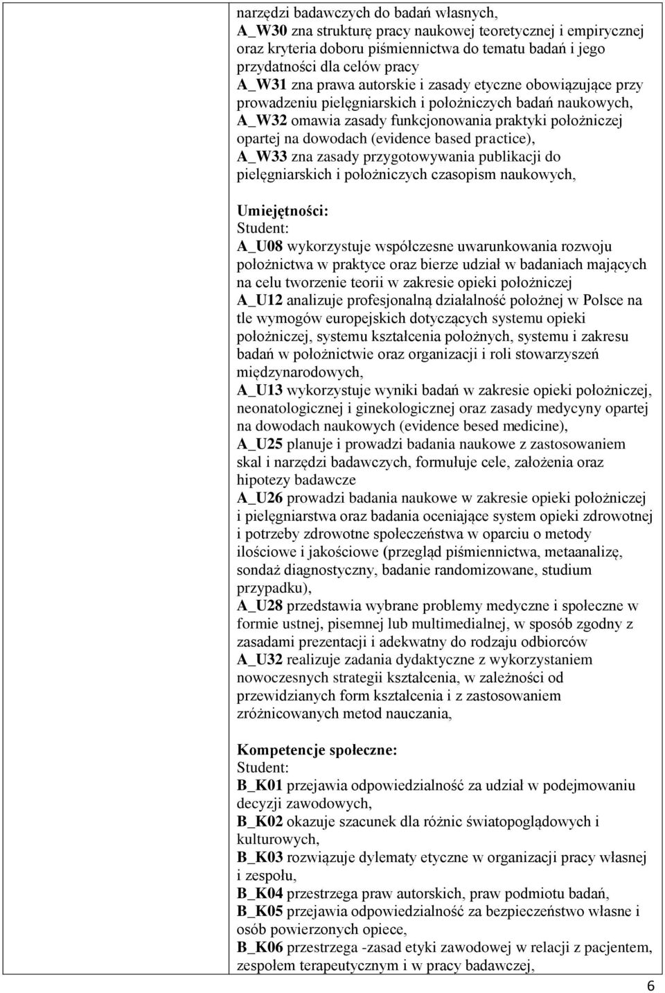 based practice), A_W33 zna zasady przygotowywania publikacji do pielęgniarskich i położniczych czasopism naukowych, Umiejętności: Student: A_U08 wykorzystuje współczesne uwarunkowania rozwoju