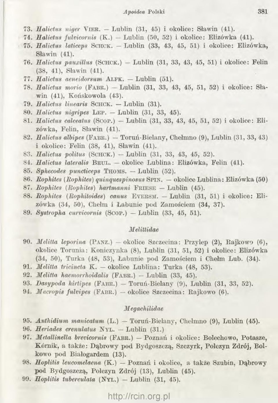 Lublin (51). 78. Halictus morio ( F a b r.) Lublin (31, 33, 43, 45, 51, 52) i okolice: Sławin (41), Końskowola (43). 79. Halictus linearis S c i i c k. Lublin (31). 80. Halictus nigripes L e p.