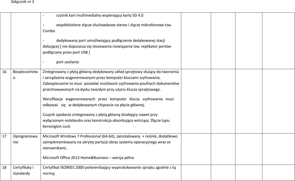 replikator portów podłączany przez port USB ] - port zasilania 16 Bezpieczeństw o Zintegrowany z płytą główną dedykowany układ sprzętowy służący do tworzenia i zarządzania wygenerowanymi przez