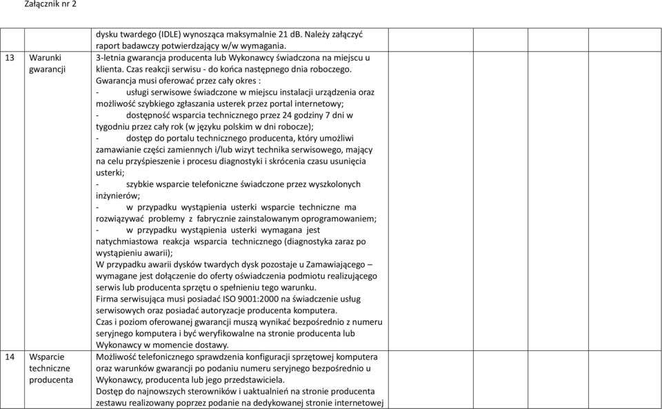 Gwarancja musi oferować przez cały okres : - usługi serwisowe świadczone w miejscu instalacji urządzenia oraz możliwość szybkiego zgłaszania usterek przez portal internetowy; - dostępność wsparcia