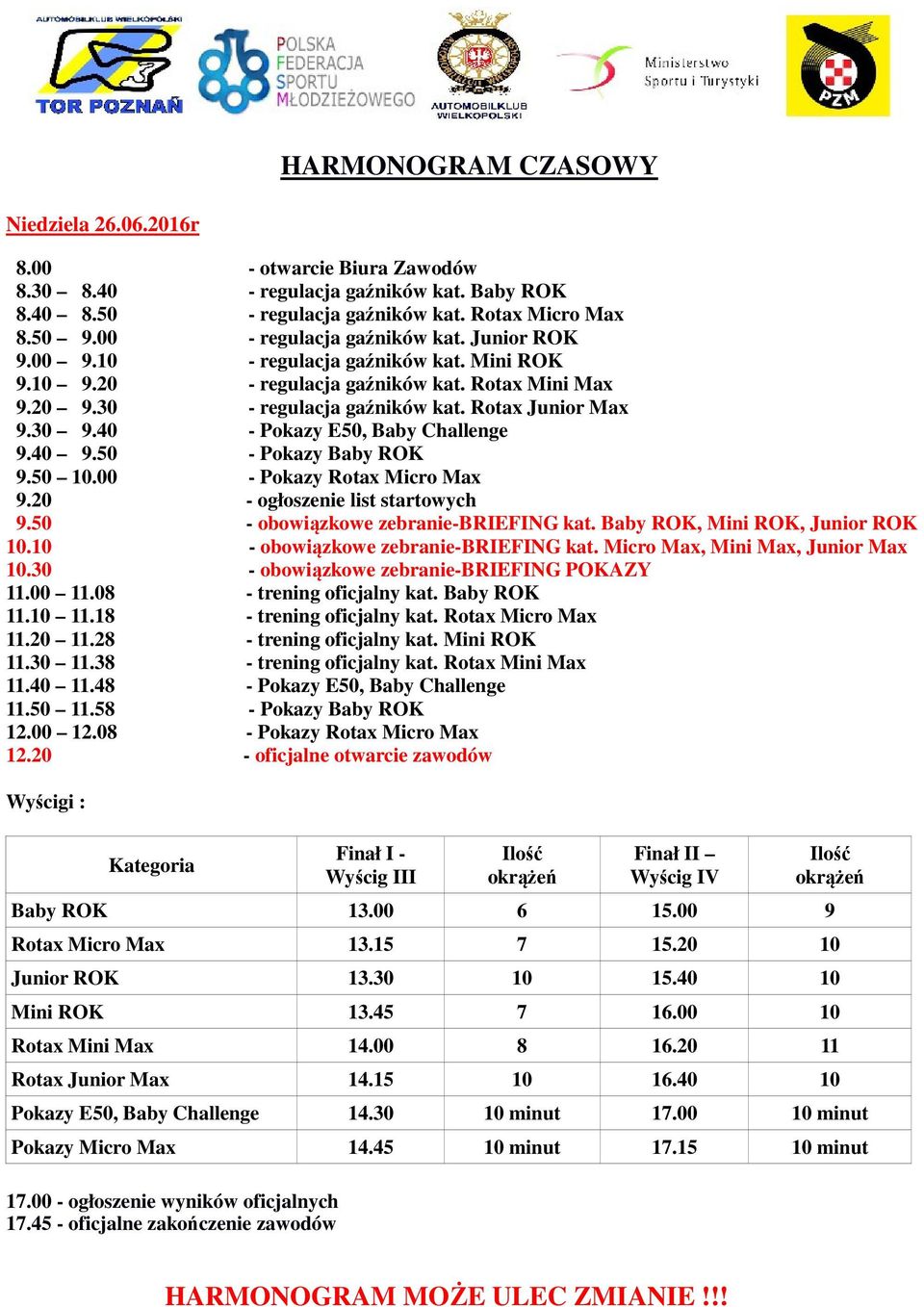 40 - Pokazy E50, Baby Challenge 9.40 9.50 - Pokazy Baby ROK 9.50 10.00 - Pokazy Rotax Micro Max 9.20 - ogłoszenie list startowych 9.50 - obowiązkowe zebranie-briefing kat.