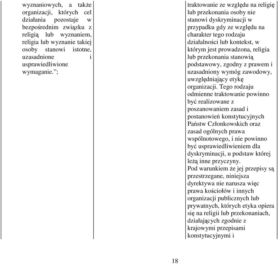 ; traktowanie ze względu na religię lub przekonania osoby nie stanowi dyskryminacji w przypadku gdy ze względu na charakter tego rodzaju działalności lub kontekst, w którym jest prowadzona, religia