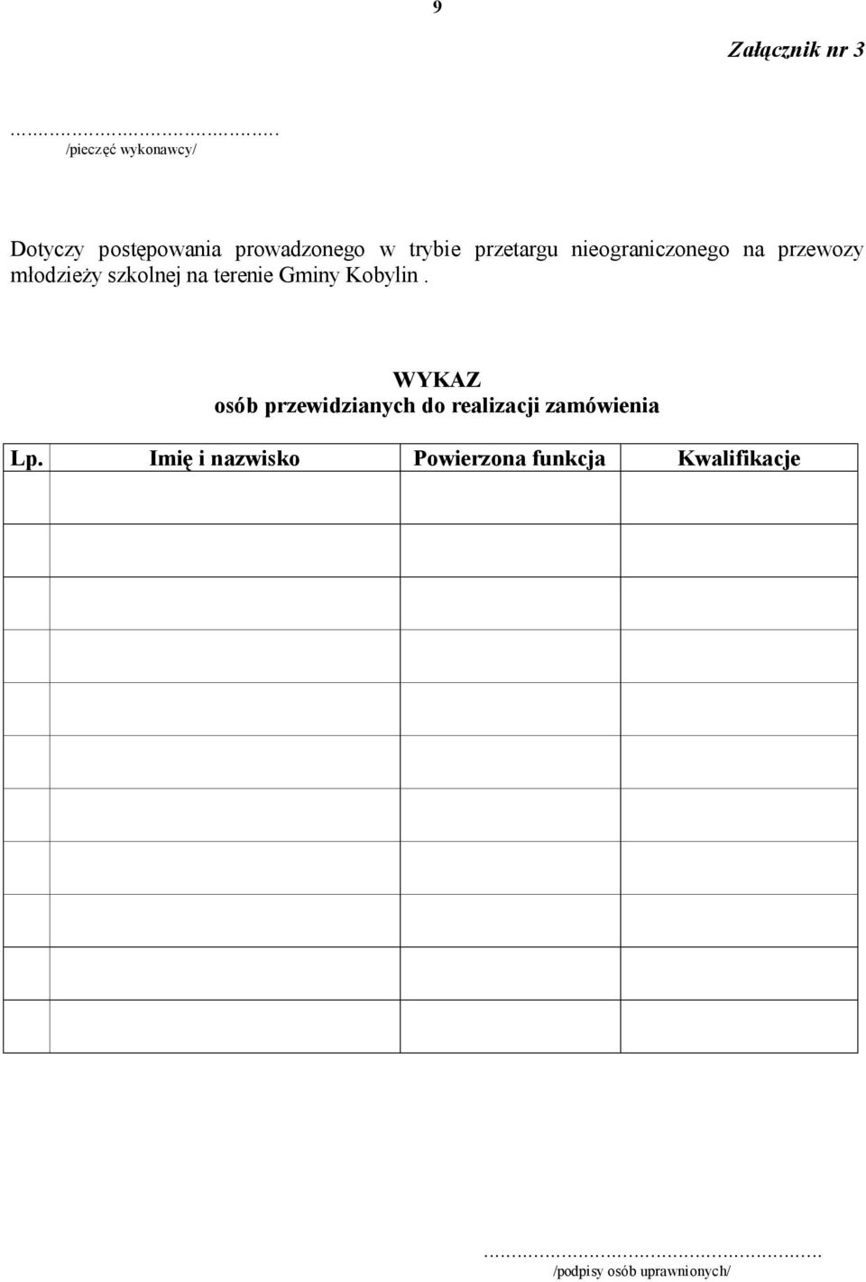 przetargu nieograniczonego na przewozy młodzieży szkolnej na terenie Gminy