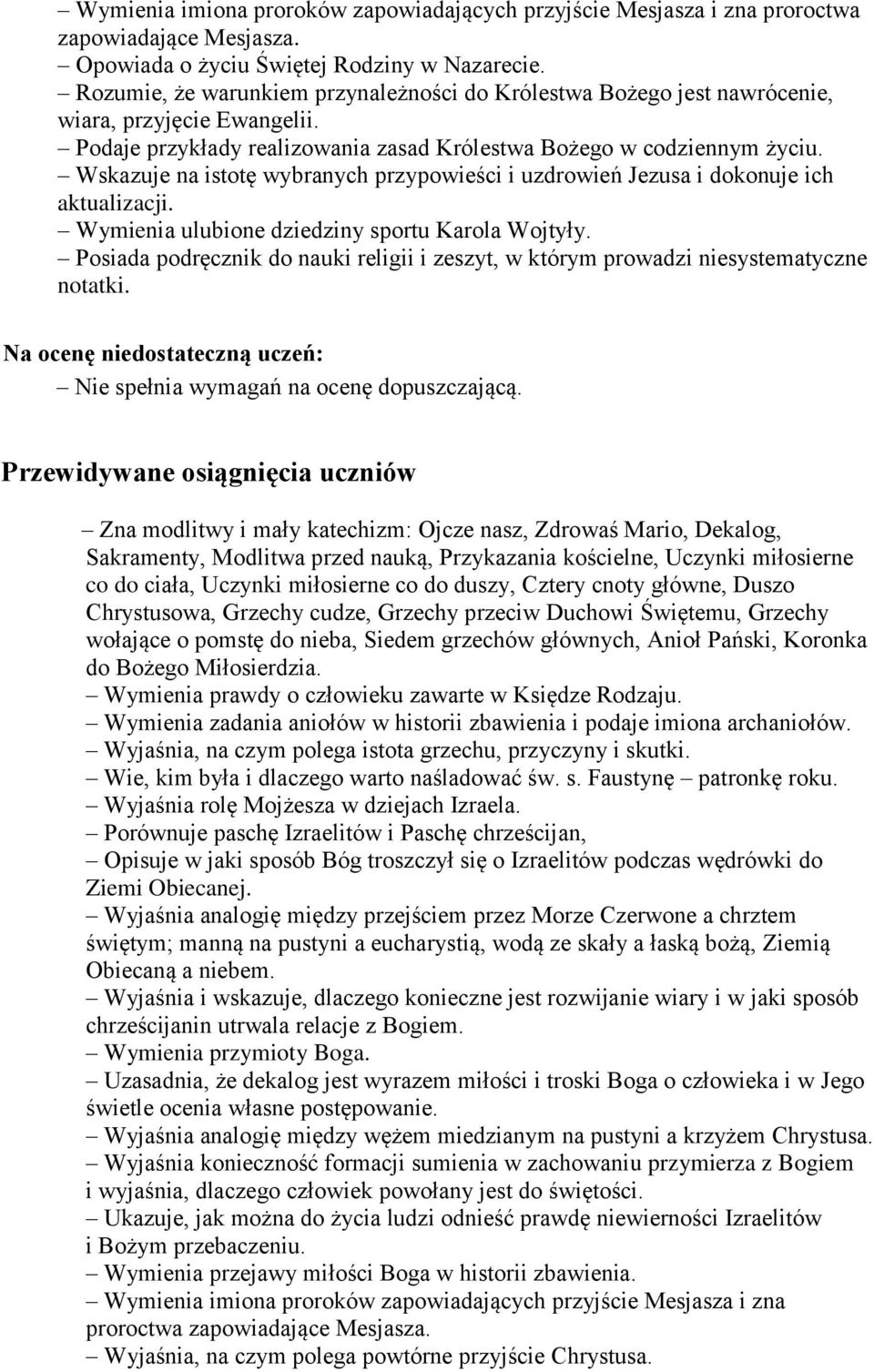 Przewidywane osiągnięcia uczniów Zna modlitwy i mały katechizm: Ojcze nasz, Zdrowaś Mario, Dekalog, Sakramenty, Modlitwa przed nauką, Przykazania kościelne, Uczynki miłosierne co do ciała, Uczynki