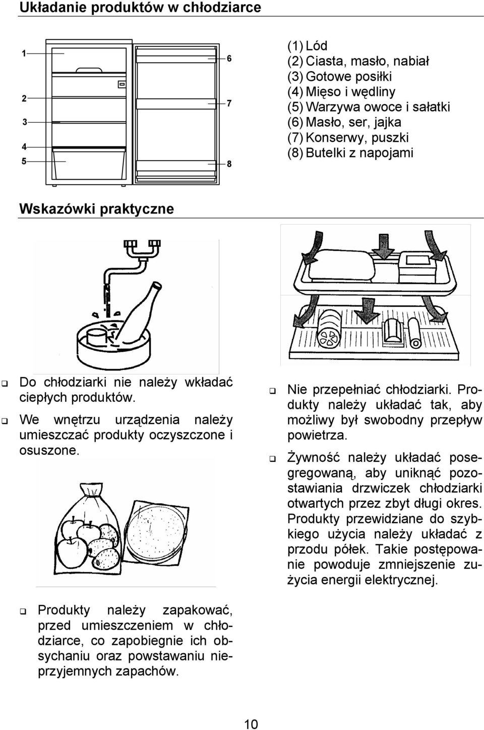 Produkty należy układać tak, aby możliwy był swobodny przepływ powietrza. Żywność należy układać posegregowaną, aby uniknąć pozostawiania drzwiczek chłodziarki otwartych przez zbyt długi okres.