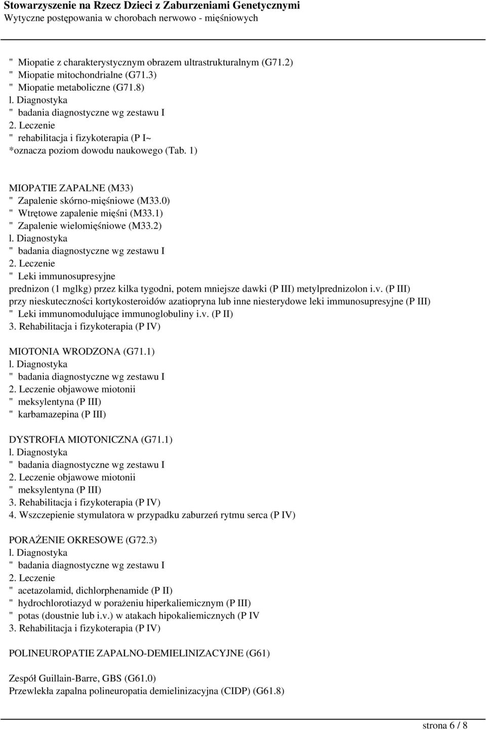 1) " Zapalenie wielomięśniowe (M33.2) " Leki immunosupresyjne prednizon (1 mglkg) przez kilka tygodni, potem mniejsze dawki (P III) metylprednizolon i.v.