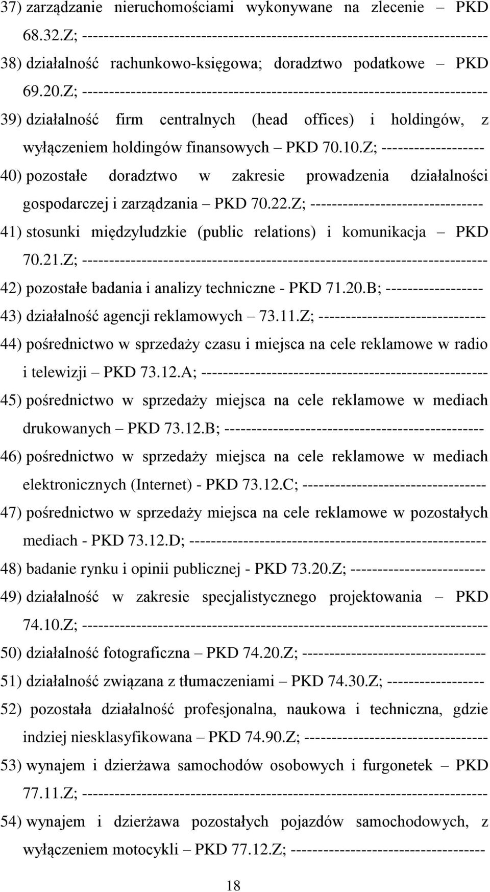 Z; --------------------------------------------------------------------------- 39) działalność firm centralnych (head offices) i holdingów, z wyłączeniem holdingów finansowych PKD 70.10.