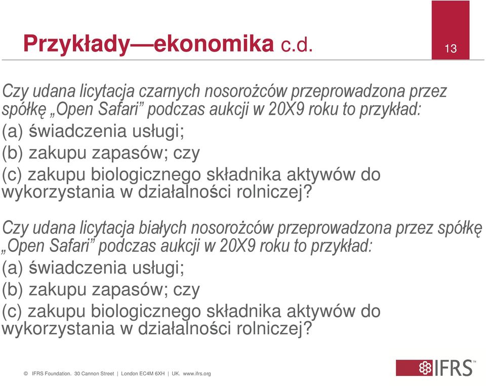 13 Czy udana licytacja czarnych nosorożców przeprowadzona przez spółkę Open Safari podczas aukcji w 20X9 roku to przykład: (a)