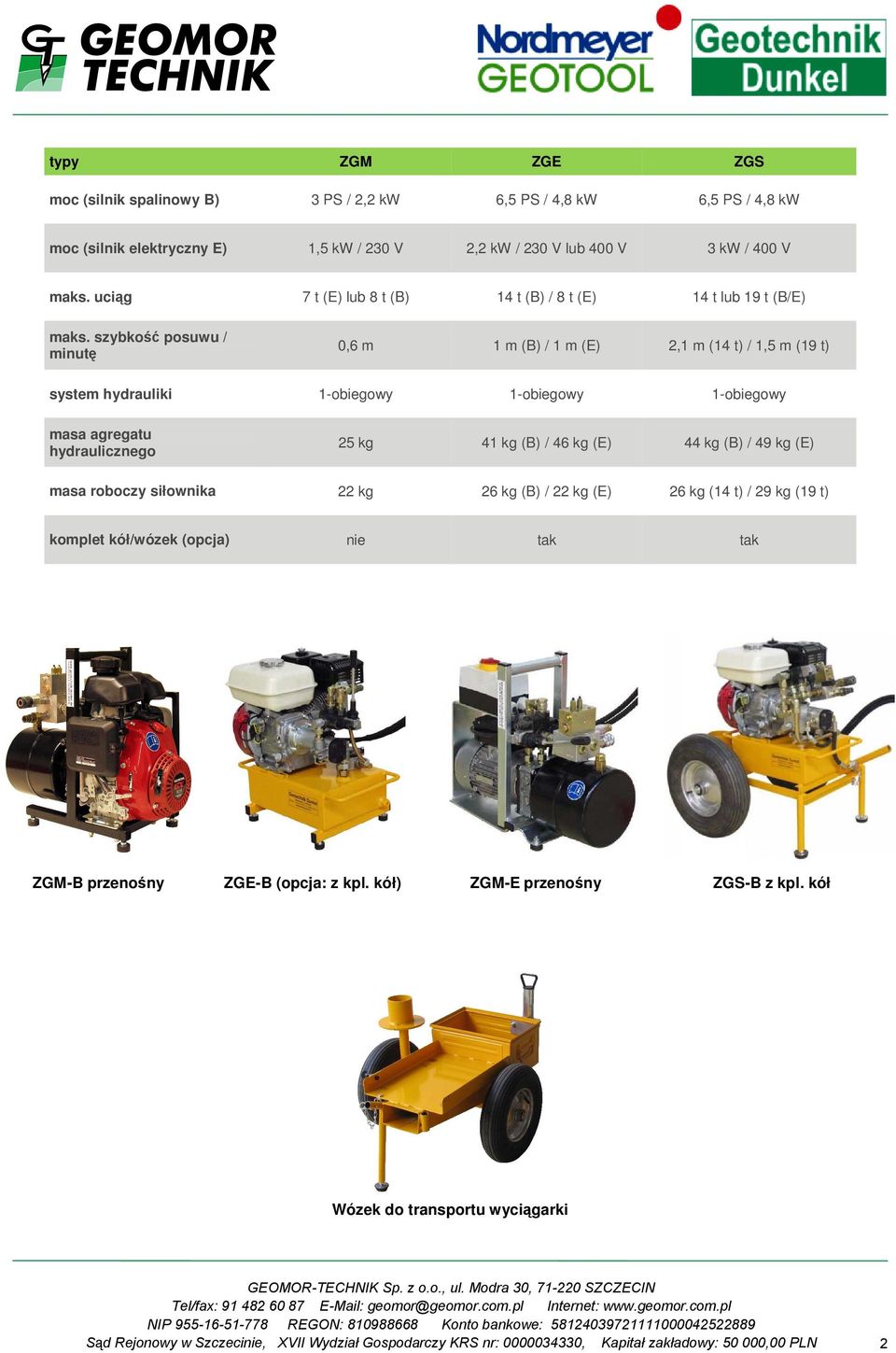 szybkość posuwu / minutę 0,6 m 1 m (B) / 1 m (E) 2,1 m (14 t) / 1,5 m (19 t) system hydrauliki 1-obiegowy 1-obiegowy 1-obiegowy masa agregatu hydraulicznego 25 kg 41 kg