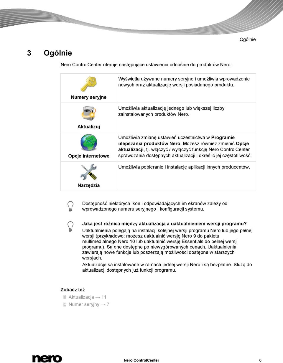 Opcje internetowe Umożliwia zmianę ustawień uczestnictwa w Programie ulepszania produktów Nero. Możesz również zmienić Opcje aktualizacji, tj.