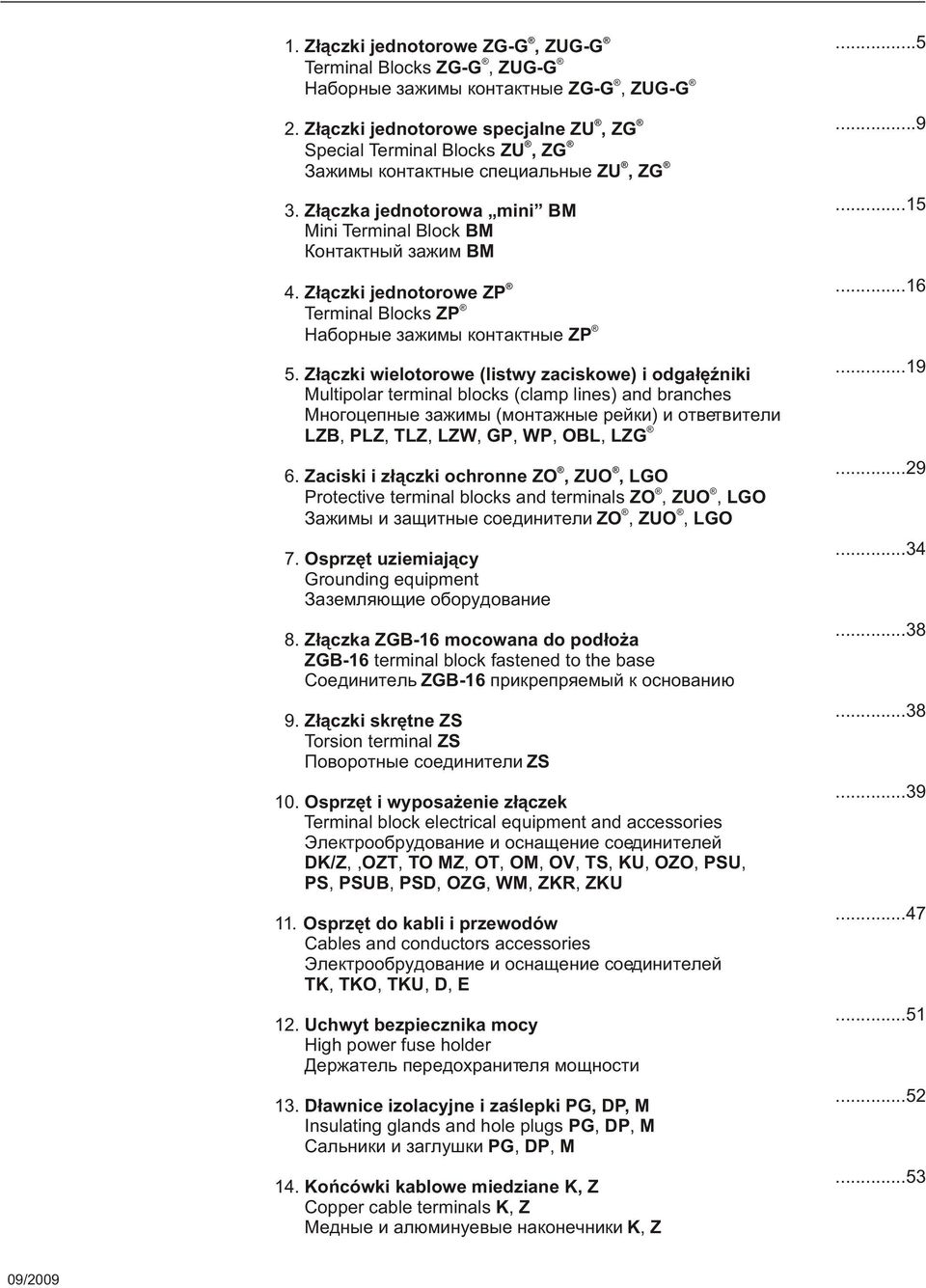 Z³¹czki wielotorowe (listwy zaciskowe) i odga³êÿniki Multipolar terminal blocks (clamp lines) and branches Ìíîãîöåïíûå çàæèìû (ìîíòàæíûå ðåéêè) è îòâåòâèòåëè ZB, PZ, TZ, ZW, GP, WP, OB, ZG.