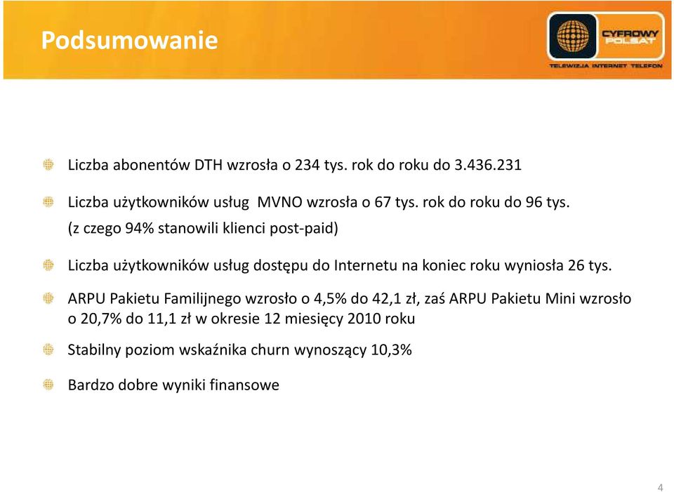 (z czego 94% stanowili klienci post-paid) Liczba użytkowników usług dostępu do Internetu na koniec roku wyniosła 26tys.