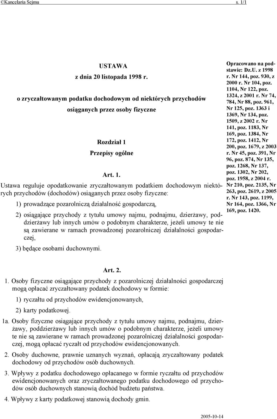 98 r. o zryczałtowanym podatku dochodowym od niektórych przychodów osiąganych przez osoby fizyczne Rozdział 1 