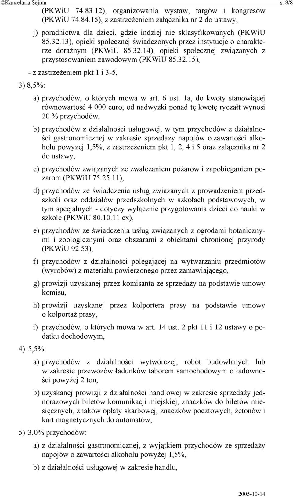 13), opieki społecznej świadczonych przez instytucje o charakterze doraźnym (PKWiU 85.32.14), opieki społecznej związanych z przystosowaniem zawodowym (PKWiU 85.32.15), - z zastrzeżeniem pkt 1 i 3-5, 3) 8,5%: a) przychodów, o których mowa w art.