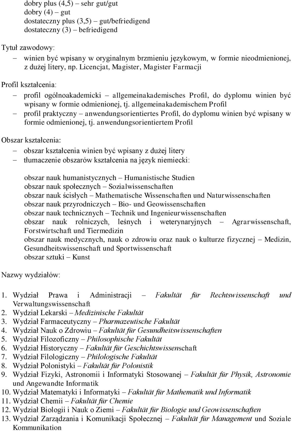 Licencjat, Magister, Magister Farmacji Profil kształcenia: profil ogólnoakademicki allgemeinakademisches Profil, do dyplomu winien być wpisany w formie odmienionej, tj.