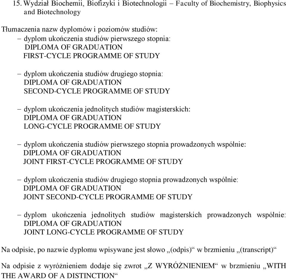 magisterskich: DIPLOMA OF GRADUATION LONG-CYCLE PROGRAMME OF STUDY dyplom ukończenia studiów pierwszego stopnia prowadzonych wspólnie: DIPLOMA OF GRADUATION JOINT FIRST-CYCLE PROGRAMME OF STUDY