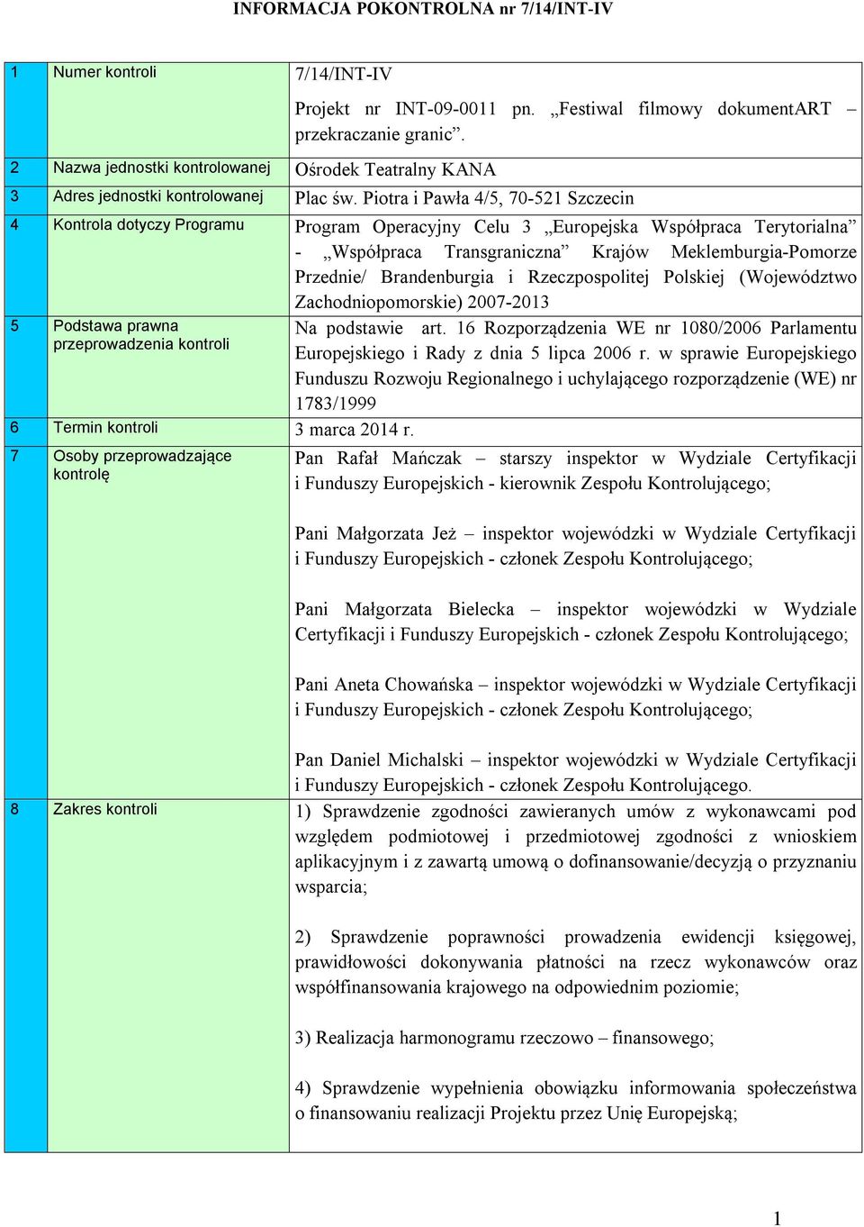 Piotra i Pawła 4/5, 70-521 Szczecin 4 Kontrola dotyczy Programu Program Operacyjny Celu 3 Europejska Współpraca Terytorialna - Współpraca Transgraniczna Krajów Meklemburgia-Pomorze Przednie/