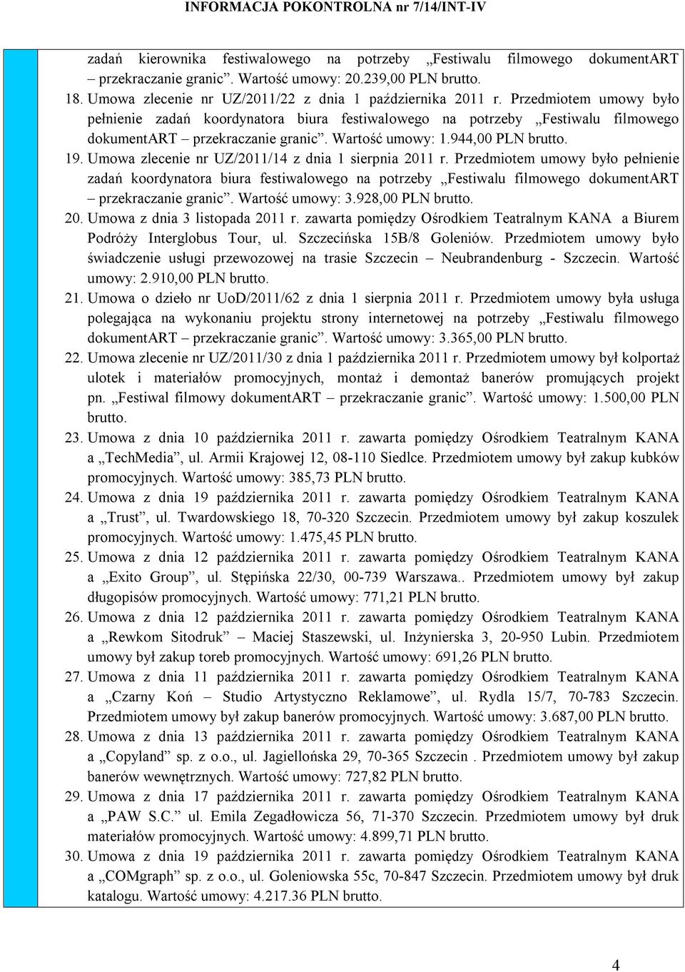 Umowa zlecenie nr UZ/2011/14 z dnia 1 sierpnia 2011 r. Przedmiotem umowy było pełnienie zadań koordynatora biura festiwalowego na potrzeby Festiwalu filmowego dokumentart przekraczanie granic.