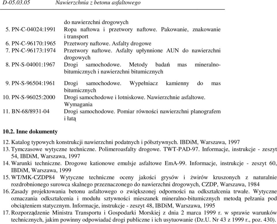 Metody badań mas mineralnobitumicznych i nawierzchni bitumicznych 9. PN-S-96504:1961 Drogi samochodowe. Wypełniacz kamienny do mas bitumicznych 10. PN-S-96025:2000 Drogi samochodowe i lotniskowe.