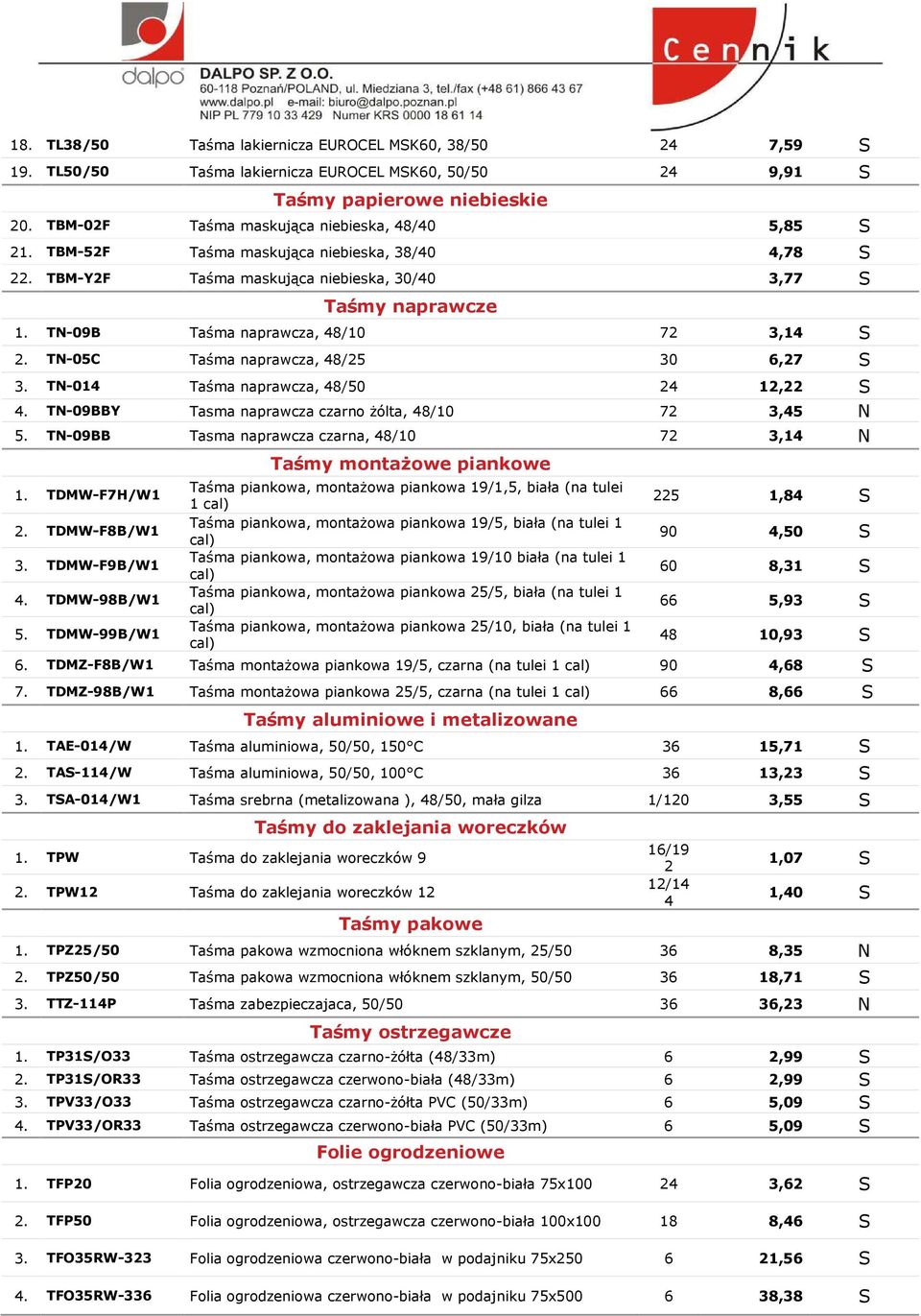 TN-09B Taśma naprawcza, 48/10 72 3,14 S 2. TN-05C Taśma naprawcza, 48/25 30 6,27 S 3. TN-014 Taśma naprawcza, 48/50 24 12,22 S 4. TN-09BBY Tasma naprawcza czarno żólta, 48/10 72 3,45 N 5.