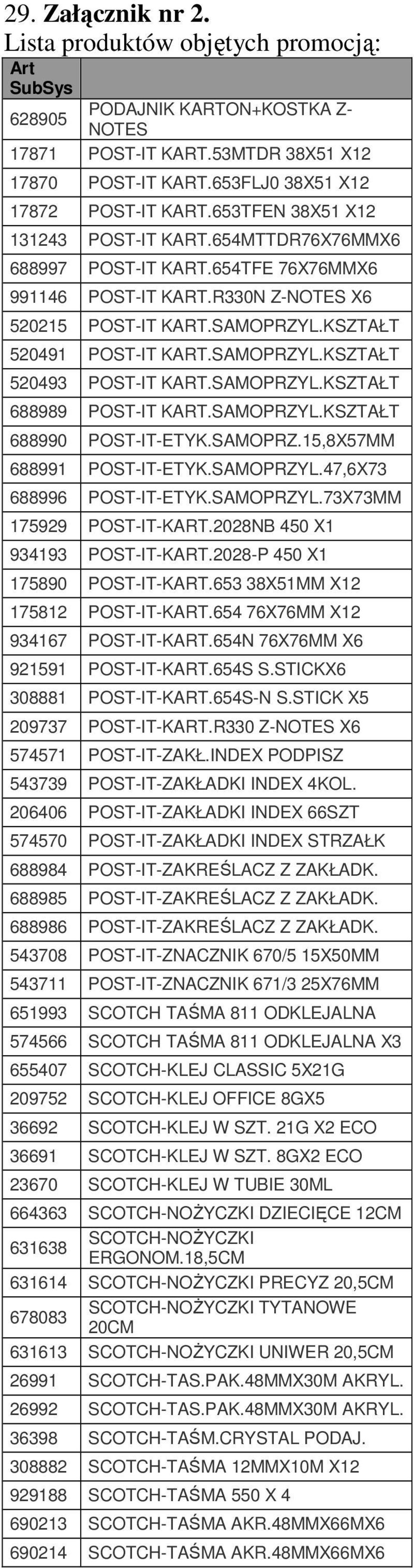 SAMOPRZYL.KSZTAŁT 688989 POST-IT KART.SAMOPRZYL.KSZTAŁT 688990 POST-IT-ETYK.SAMOPRZ.15,8X57MM 688991 POST-IT-ETYK.SAMOPRZYL.47,6X73 688996 POST-IT-ETYK.SAMOPRZYL.73X73MM 175929 POST-IT-KART.