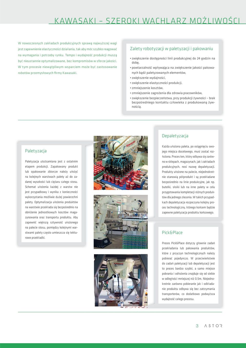 Zalety robotyzacji w paletyzacji i pakowaniu zwiększenie dostępności linii produkcyjnej do 24 godzin na dobę, powtarzalność wpływająca na zwiększenie jakości pakowanych bądź paletyzowanych elementów,