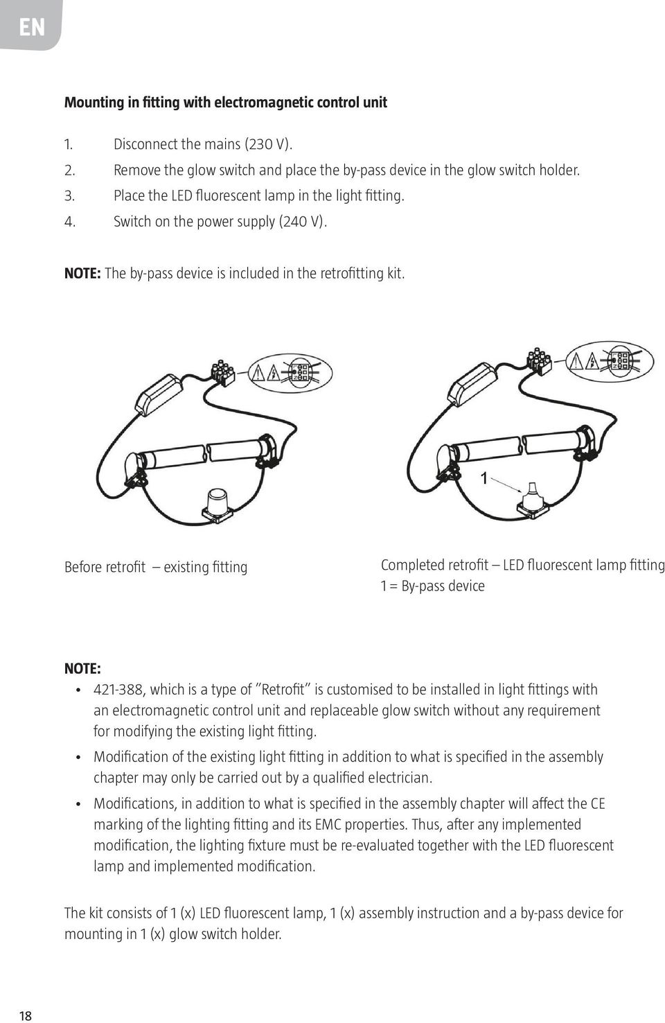 Before retrofit existing fitting Completed retrofit LED fluorescent lamp fitting 1 = By-pass device NOTE: 421-388, which is a type of Retrofit is customised to be installed in light fittings with an