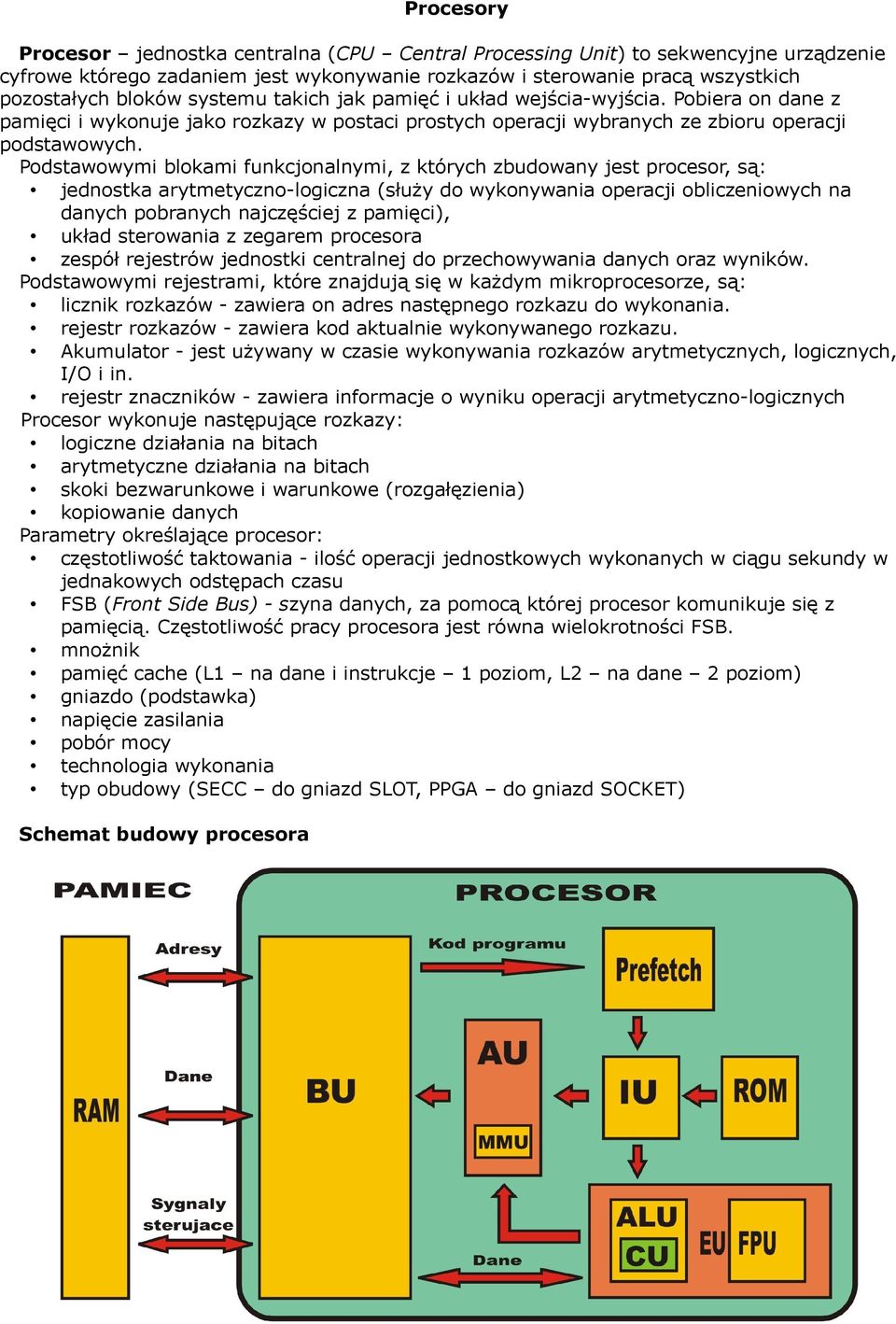 Podstawowymi blokami funkcjonalnymi, z których zbudowany jest procesor, są: jednostka arytmetyczno-logiczna (służy do wykonywania operacji obliczeniowych na danych pobranych najczęściej z pamięci),