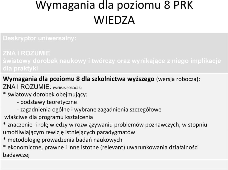 ogólne i wybrane zagadnienia szczegółowe właściwe dla programu kształcenia * znaczenie i rolę wiedzy w rozwiązywaniu problemów poznawczych, w stopniu