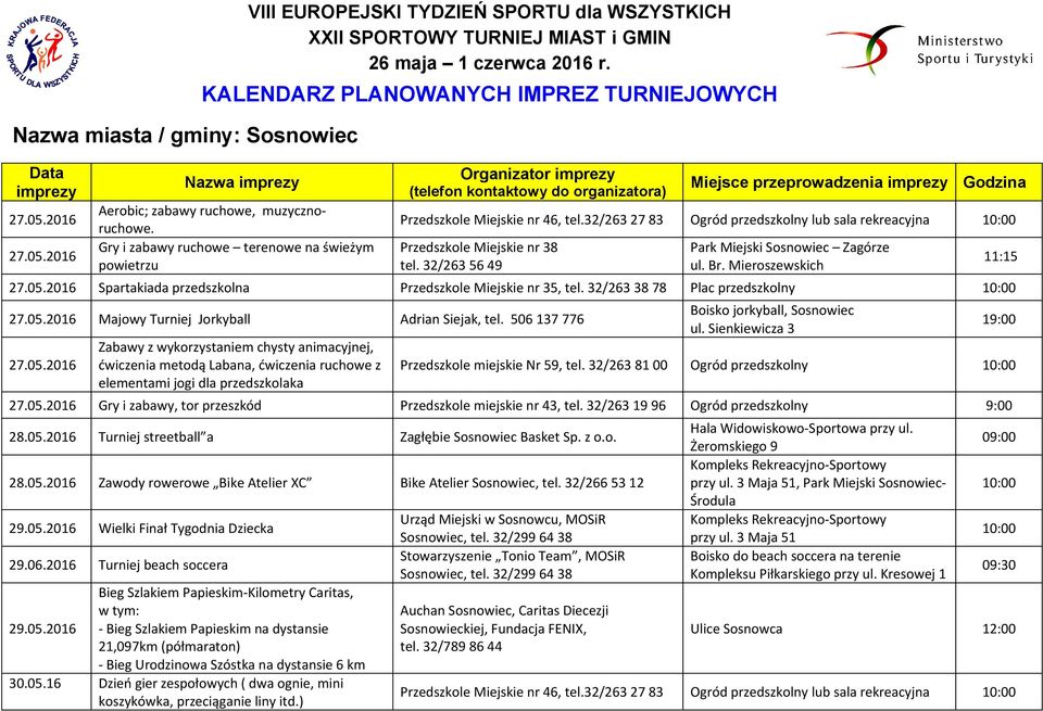 Gry i zabawy ruchowe terenowe na świeżym powietrzu Organizator imprezy (telefon kontaktowy do organizatora) Miejsce przeprowadzenia imprezy Godzina Przedszkole Miejskie nr 46, tel.