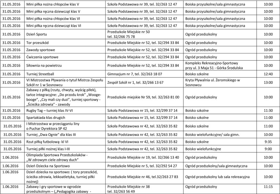 32/263 12 47 Boiska przyszkolne/sala gimnastyczna Mini piłka ręczna dziewcząt klas VI Szkoła Podstawowa nr 39, tel.