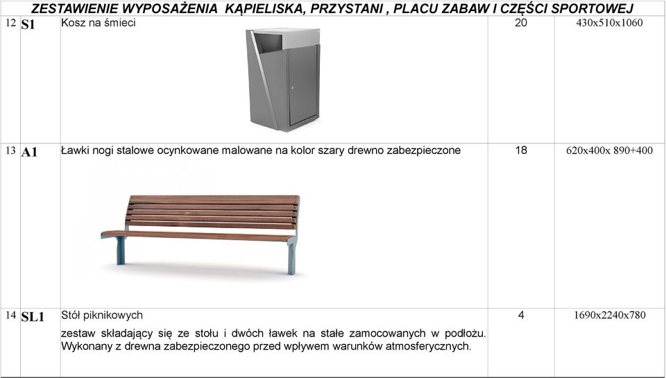 zestaw składający się ze stołu i dwóch ławek na stałe zamocowanych w podłożu.